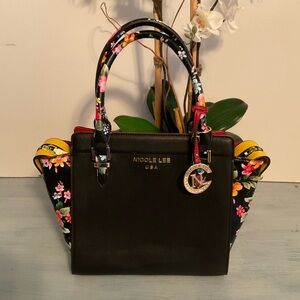 Nicole Lee Black Satchel with Floral Accents